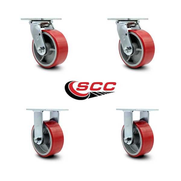 5 Inch Red Poly on Cast Iron Caster Set with Roller Bearings 2 Swivel 2 Rigid